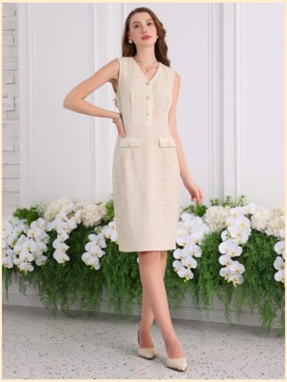 Sleeveless V Neck Tweed Sheath Pencil Dress for Work - Picture 3 of 5